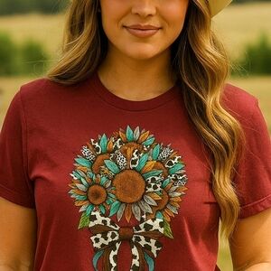 Western Sunflower Cowhide Bow Graphic Tee | Boho Country Leopard & Cow Print